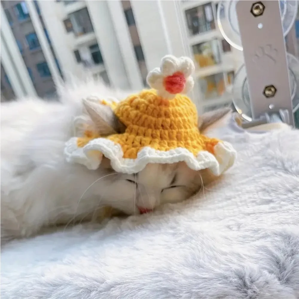 Cat or Dog Crochet Ruffle Sun Hat with Flower - Yellow and White